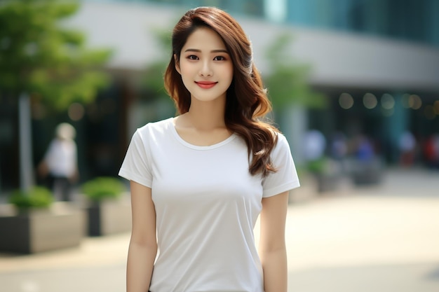 Mujer asiática con una camiseta blanca sonriendo en un fondo borroso
