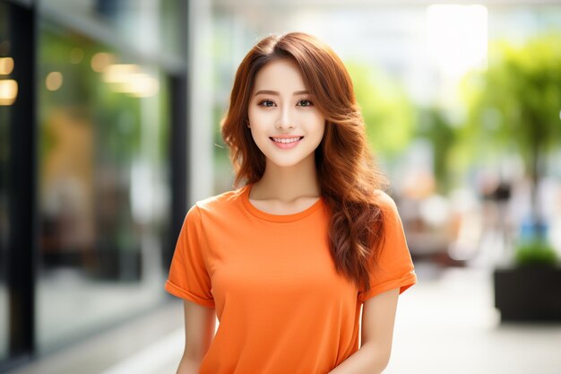 Mujer asiática con una camiseta naranja sonriendo en un fondo borroso