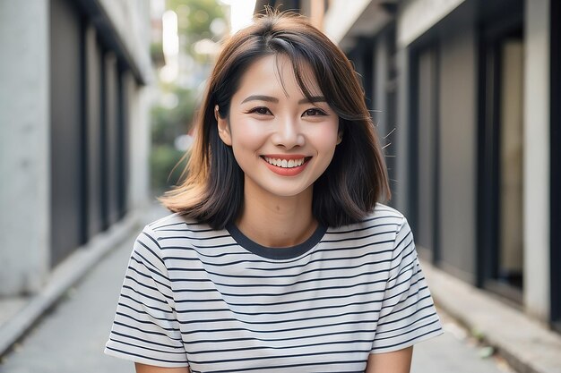 Mujer asiática con una camiseta a rayas sonriendo