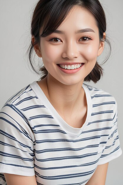 Foto mujer asiática con una camiseta a rayas sonriendo