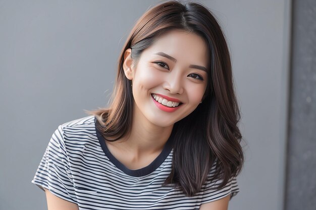 Foto mujer asiática con una camiseta a rayas sonriendo