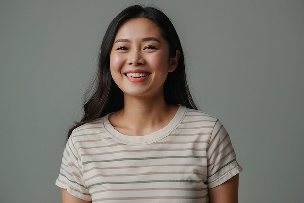 Foto mujer asiática con una camiseta a rayas sonriendo