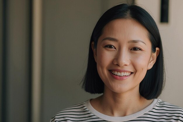 Foto mujer asiática con una camiseta a rayas sonriendo