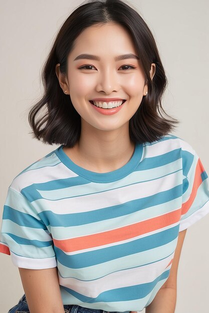 Mujer asiática con una camiseta a rayas sonriendo