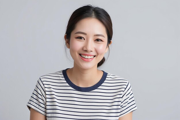 Foto mujer asiática con una camiseta a rayas sonriendo