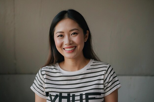 Foto mujer asiática con una camiseta a rayas sonriendo