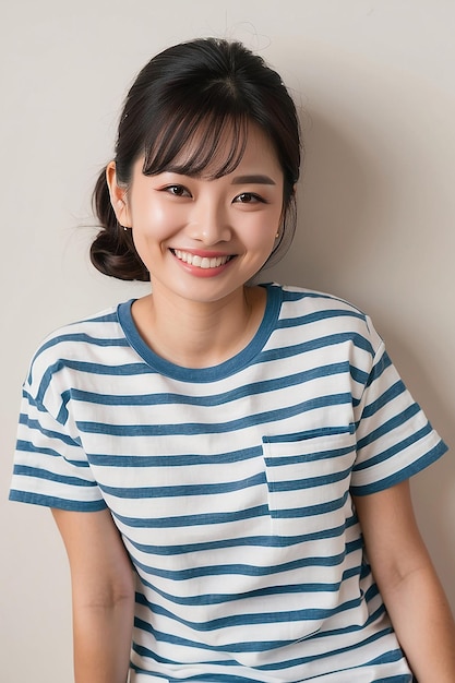 Mujer asiática con una camiseta a rayas sonriendo