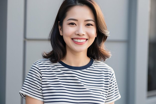 Mujer asiática con una camiseta a rayas sonriendo