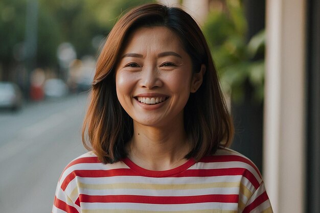 Foto mujer asiática con una camiseta a rayas sonriendo