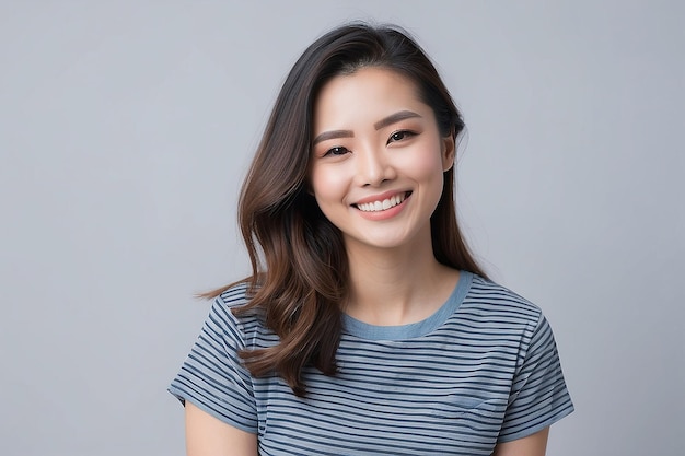Mujer asiática con una camiseta a rayas sonriendo
