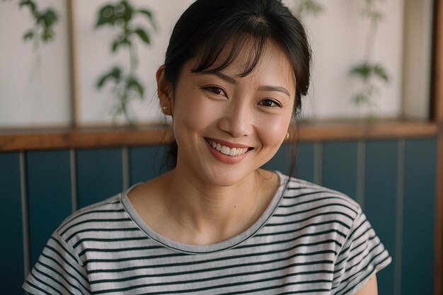 Foto mujer asiática con una camiseta a rayas sonriendo