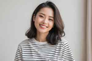 Foto mujer asiática con una camiseta a rayas sonriendo