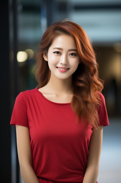 Mujer asiática con una camiseta roja en un fondo borroso