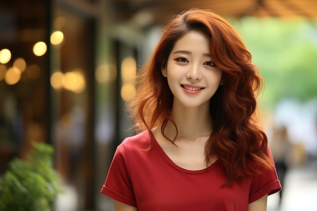 Mujer asiática con camiseta roja sonriendo en un fondo borroso