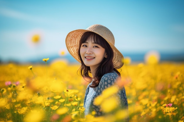 Mujer asiática en un campo de flores.