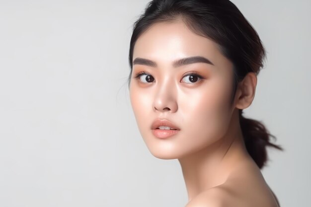 Mujer asiática con una cara hermosa y una piel fresca y suave linda modelo femenina con maquillaje natural y ojos brillantes está posando sobre un fondo blanco aislado