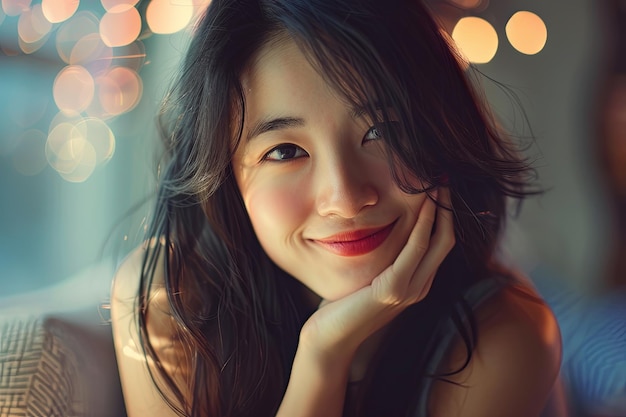Foto mujer asiática en casa retrato de belleza escenas aleatorias felices