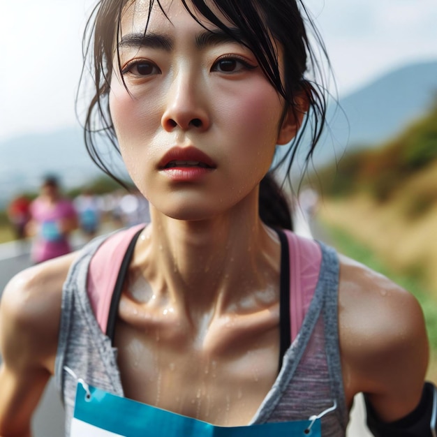 una mujer asiática de cerca haciendo maratón