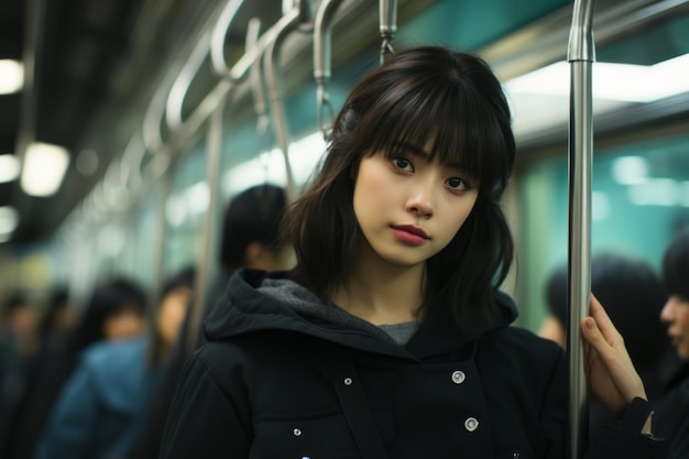 una mujer asiática con una chaqueta negra sentada en un tren subterráneo