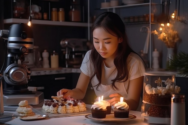 mujer asiática cocinando dulces para la familia