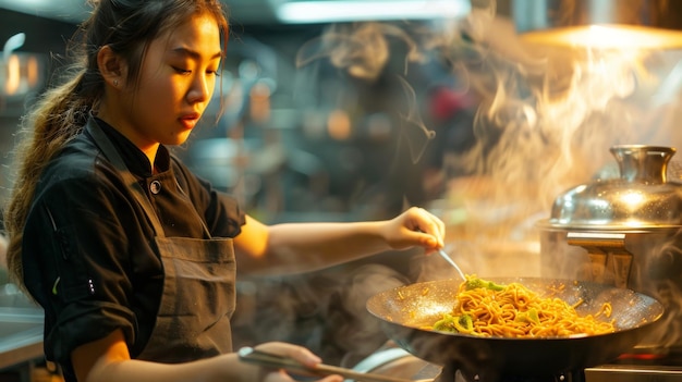 Mujer asiática cocinando fideos de soja en una sartén en un restaurante