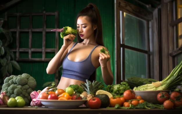 Mujer asiática comiendo ensalada