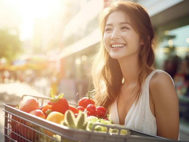 Mujer asiática comprando frutas y verduras en el mercado