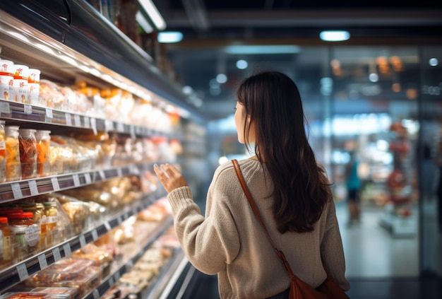 mujer asiática, compras, en, supermercado