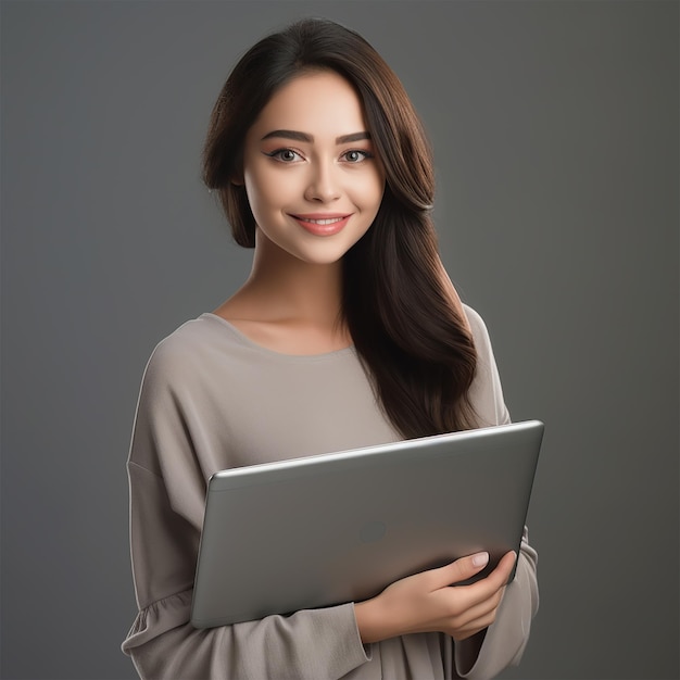 Foto mujer asiática con una computadora portátil