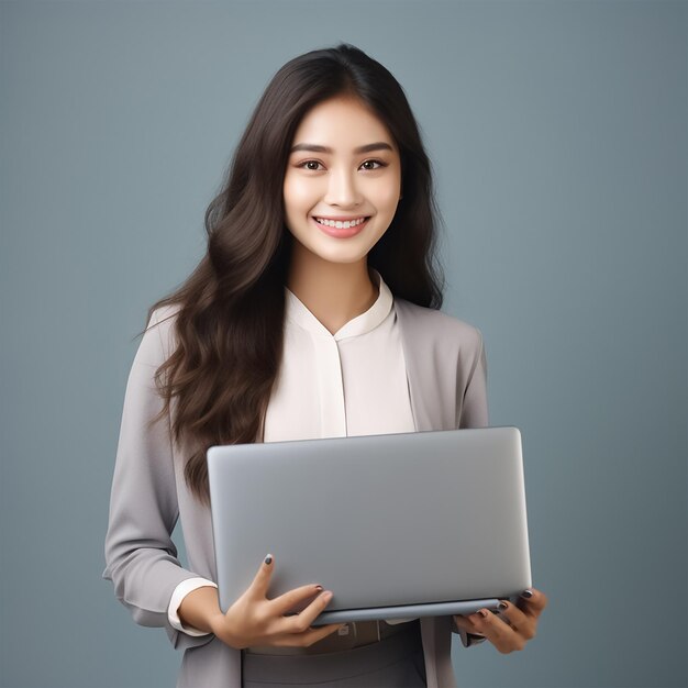 Foto mujer asiática con una computadora portátil