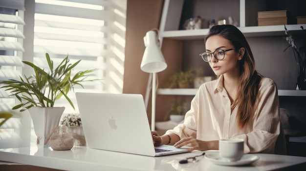 Mujer asiática concentrándose en su escritorio de computadora de oficina en casa Estilo de vida de trabajo remoto