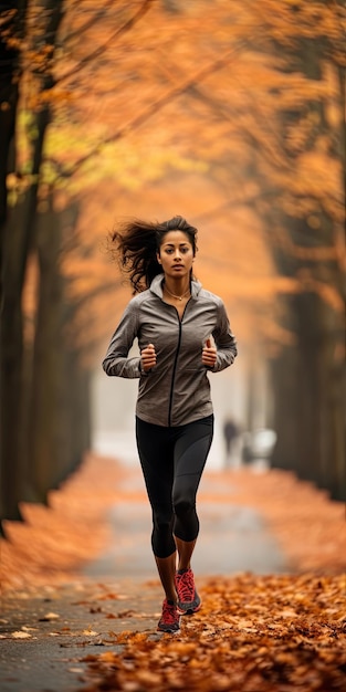 Mujer asiática corriendo en el bosque en otoño