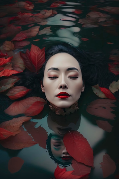 Una mujer asiática en un cuerpo de agua rodeada de hojas de arce rojo maquillaje gótico Generado por IA