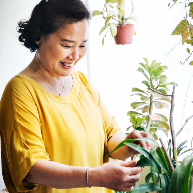 Mujer asiática cuida las plantas