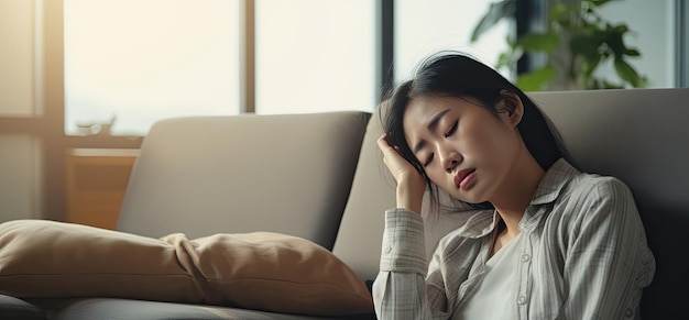 Mujer asiática descansando en casa en el sofá sintiéndose agotada después del trabajo sin energía o sobrecargada de trabajo demasiado cansada y sin motivación