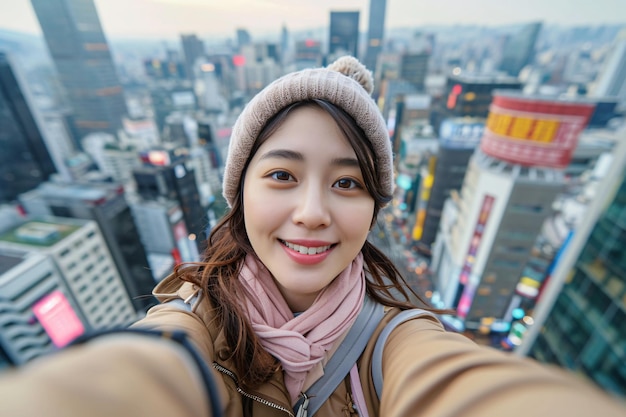 Mujer asiática disfruta del estilo de vida urbano usando el teléfono celular tomando selfies