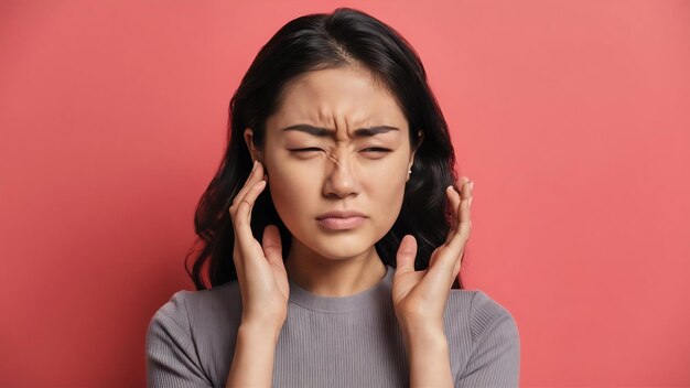 Foto mujer asiática con dolor de oído que sufre de otitis con acento rojo estresado joven fruncida del ceño de s