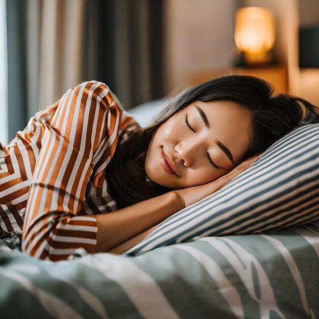 Una mujer asiática durmiendo tranquilamente en su cama.