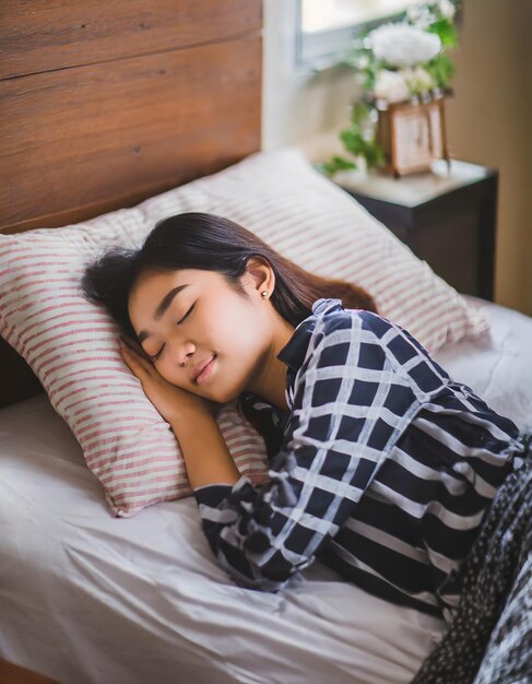 Una mujer asiática durmiendo tranquilamente en su cama.