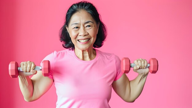 Mujer asiática de edad avanzada haciendo ejercicio con pesas