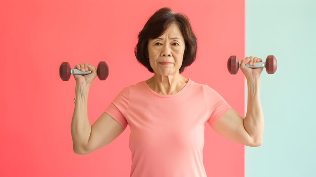 Mujer asiática de edad avanzada haciendo ejercicio con pesas