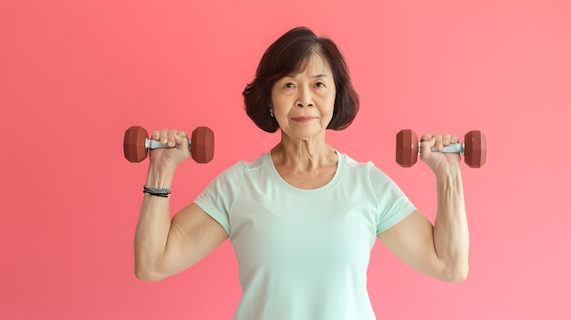 Mujer asiática de edad avanzada haciendo ejercicio con pesas