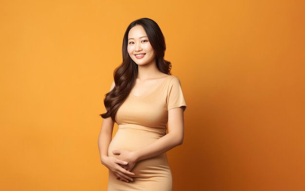 mujer asiática embarazada feliz tocando su vientre
