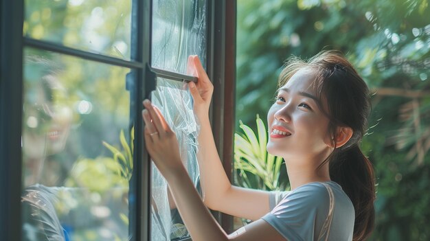 Mujer asiática encantada abrazando la limpieza de ventanas en su casa AR 169