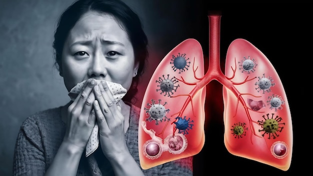 Foto la mujer asiática está enferma debido a resfriados alergias alergias mal tiempo polvo tuberculosis contaminación del aire lun