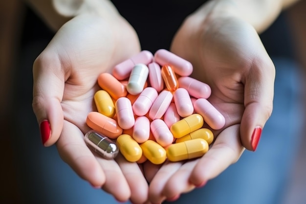 Mujer asiática enferma con pastillas de suplemento dietético para el tratamiento del cabello de la piel en casa