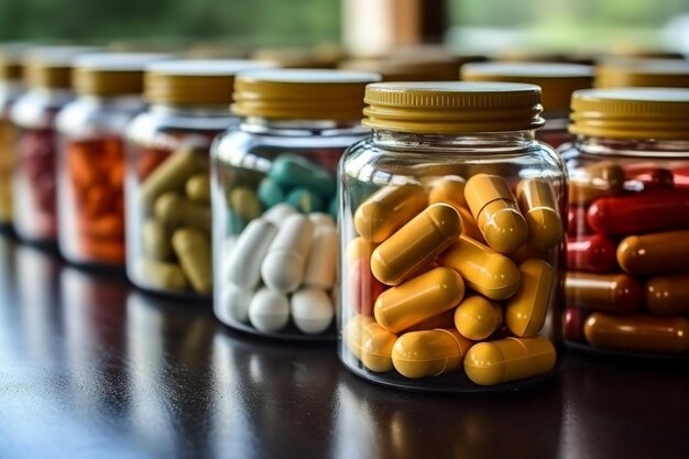 Foto mujer asiática enferma tomando pastillas de suplemento dietético para el tratamiento de la piel y el cabello en casa