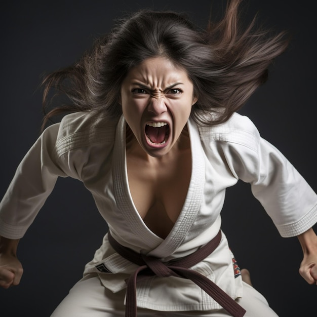 Una mujer asiática enojada durante un combate de Jiu Jitsu brasileño con imagen de cuerpo entero