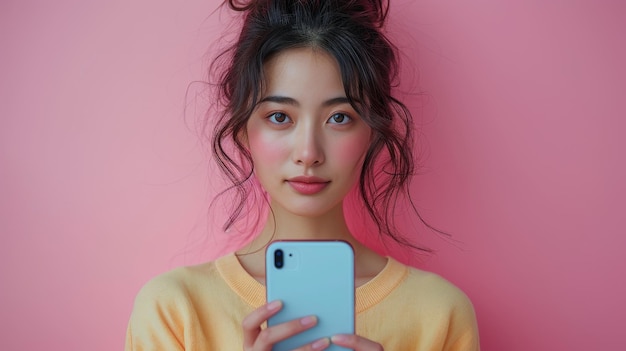 Mujer asiática escondiéndose detrás de un gran teléfono móvil y mirando una pantalla de teléfono gigante en blanco sobre un fondo de estudio rosado Gran concepto de oferta móvil Maqueta de disparo cuadrado