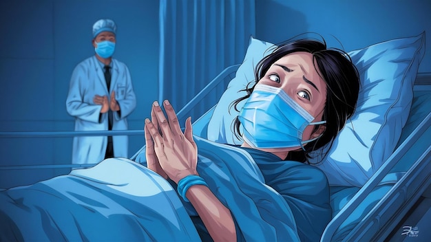 Foto una mujer asiática estaba enferma con fiebre aislada en el azul.